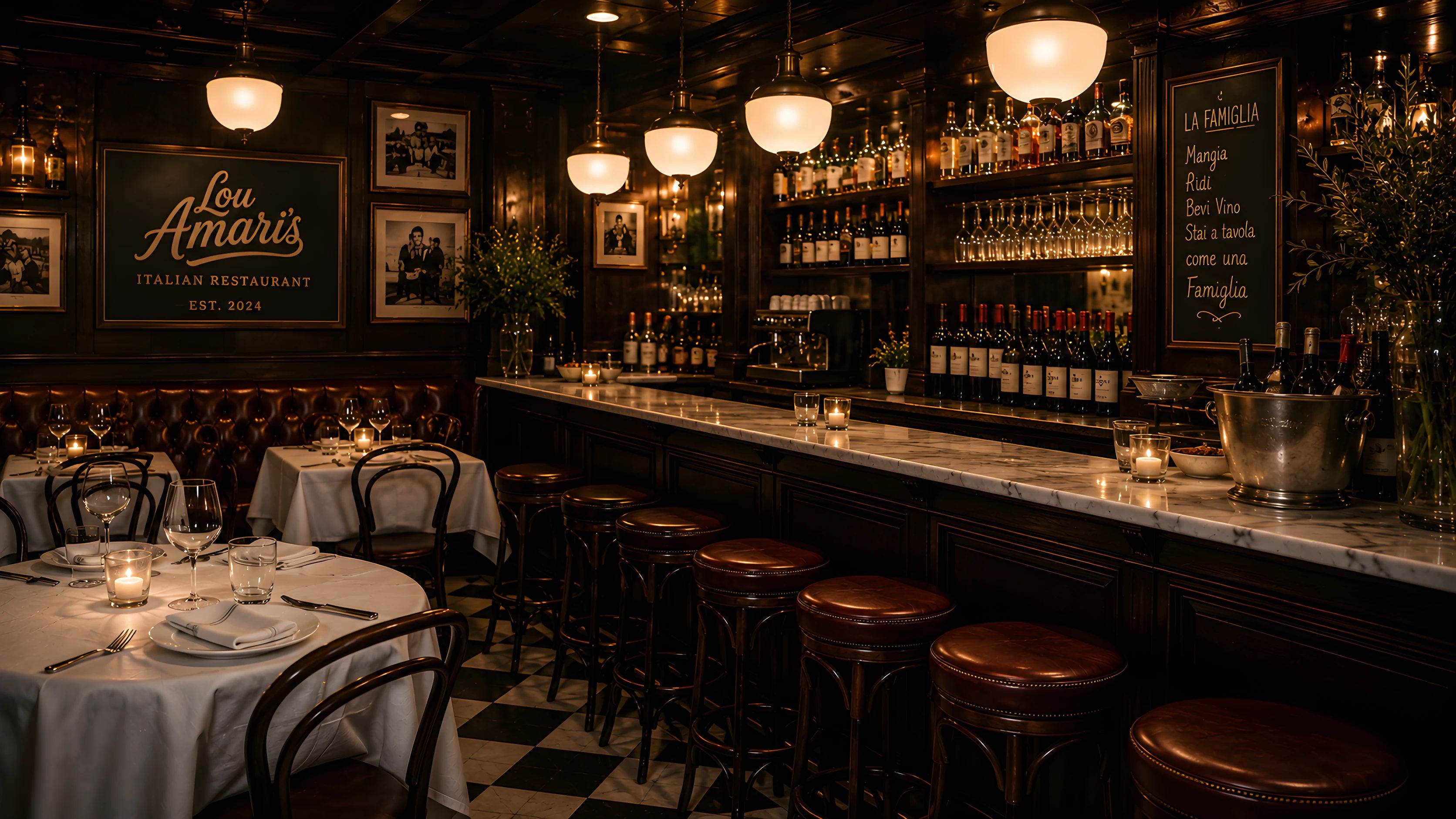 The bar at Lou Amari’s, leather stools along a marble counter beneath warm globe lights and shelves of wine and amaro
