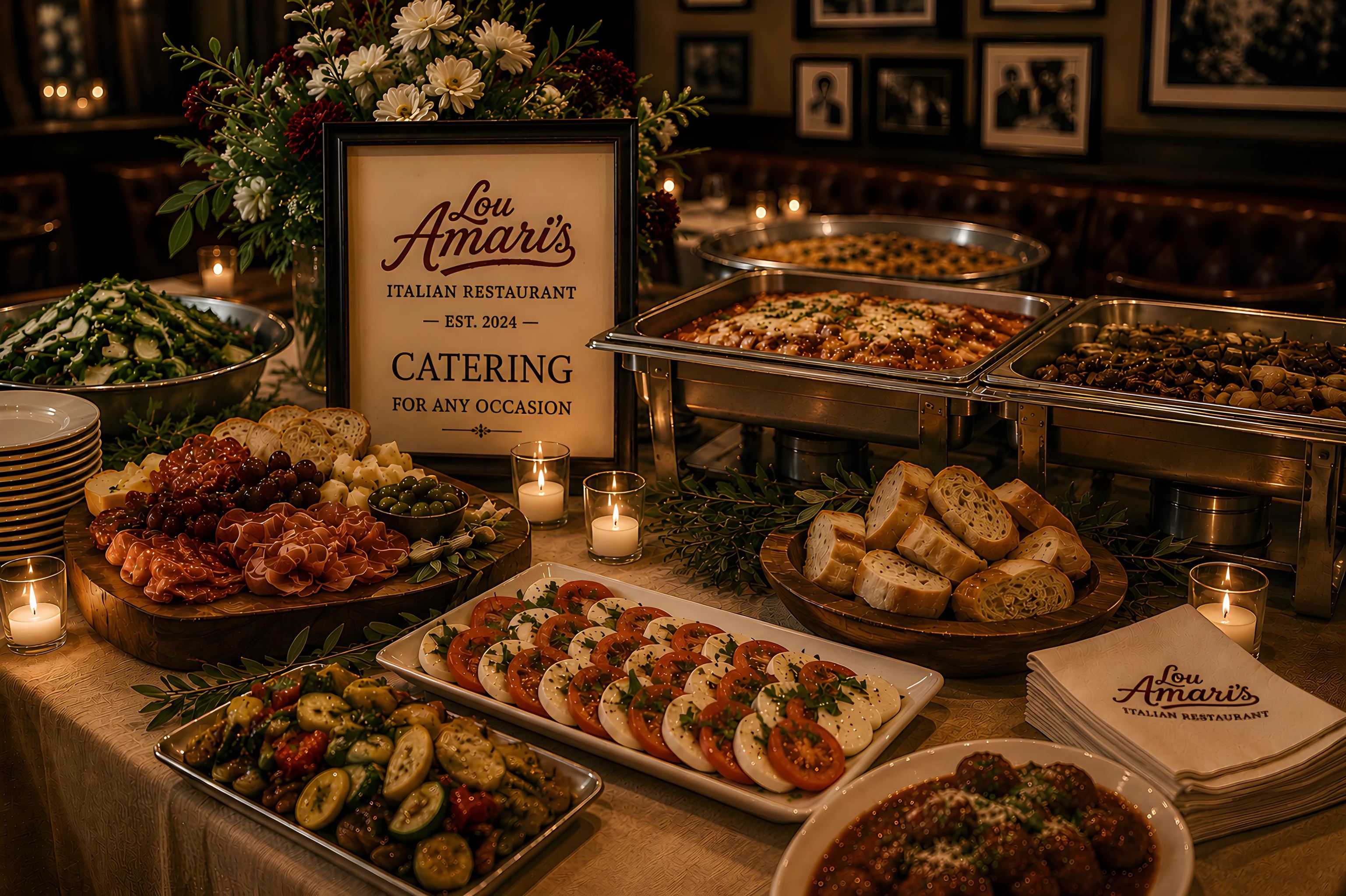 A Lou Amari’s catering spread: trays of chicken parm, salad, caprese and bread on a white tablecloth beside a framed “Catering for any occasion” card