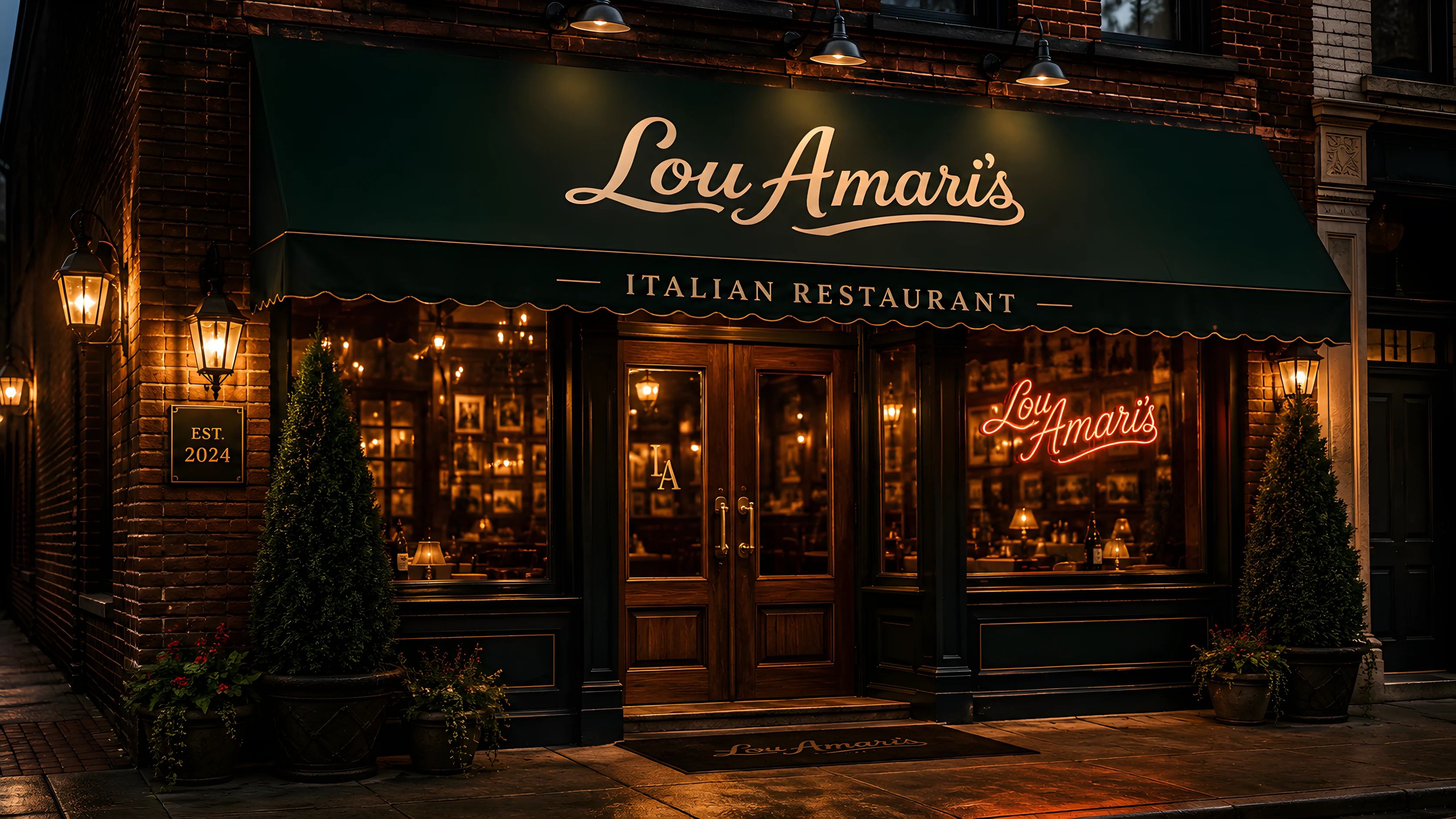 Lou Amari’s at night: a green awning over warm-lit windows, a glowing script sign and brick façade on Damen Avenue