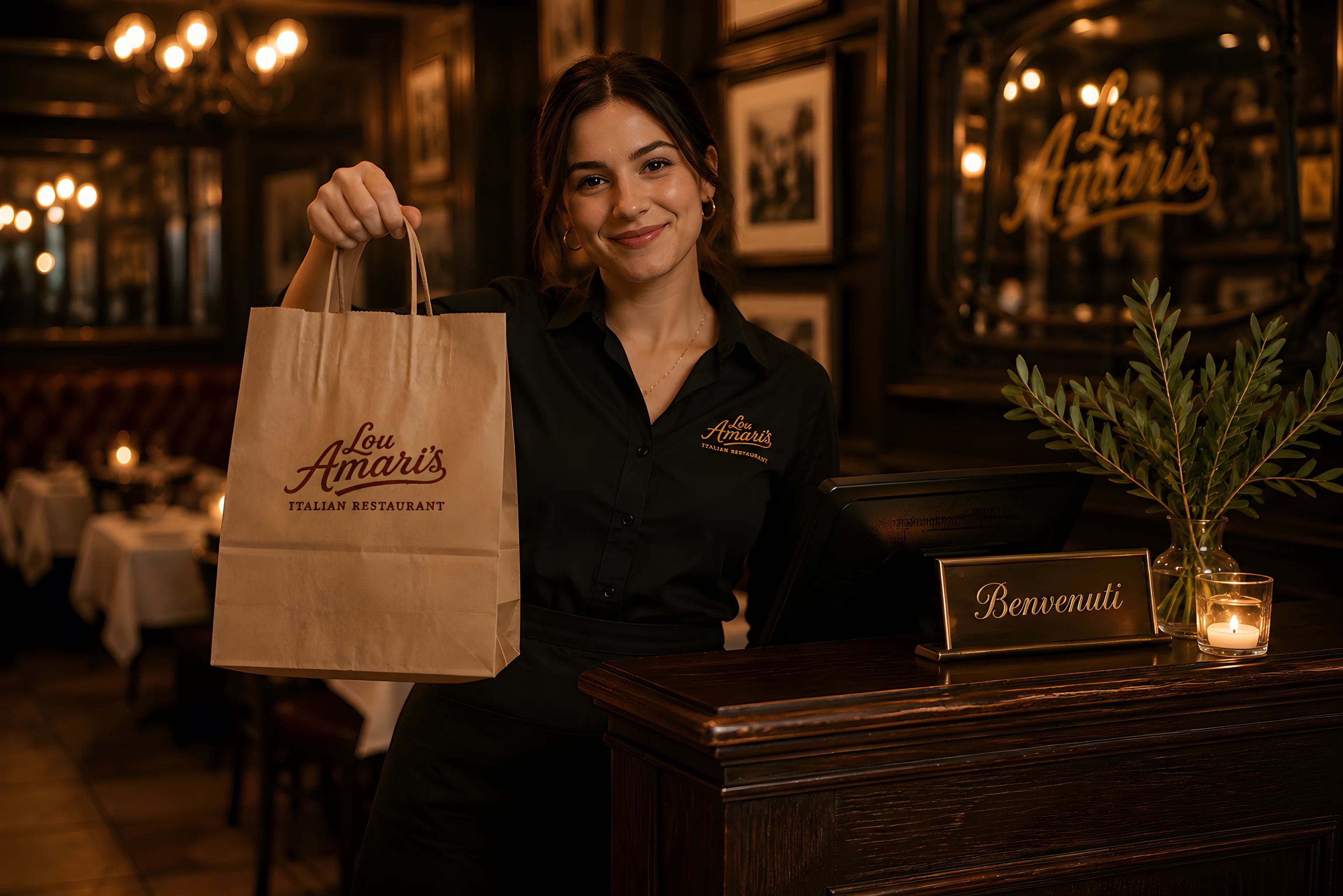 A smiling host at the front stand holding a Lou Amari’s takeout bag, the dining room glowing behind her