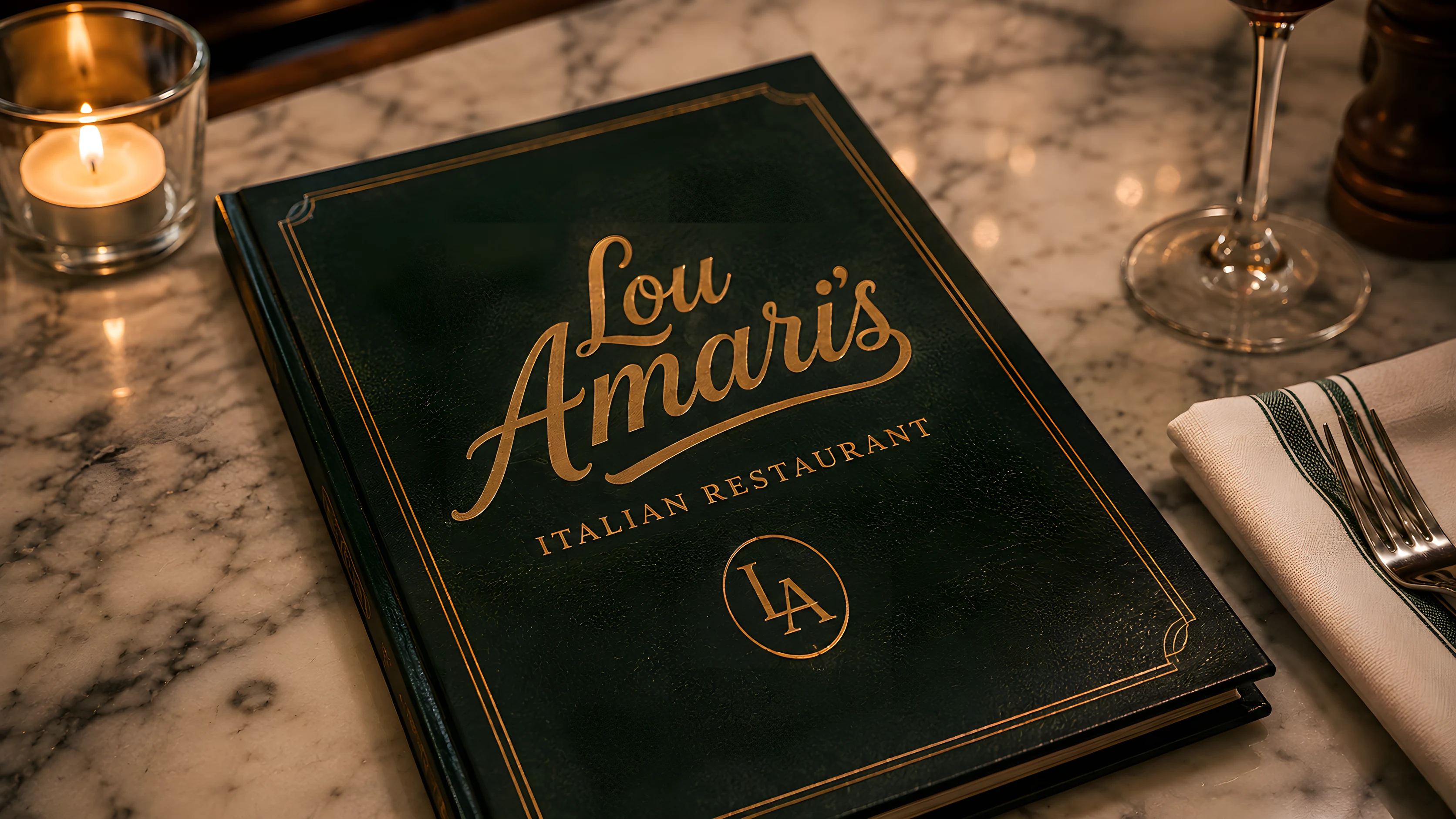 A green leather Lou Amari’s menu cover with gold script on marble
