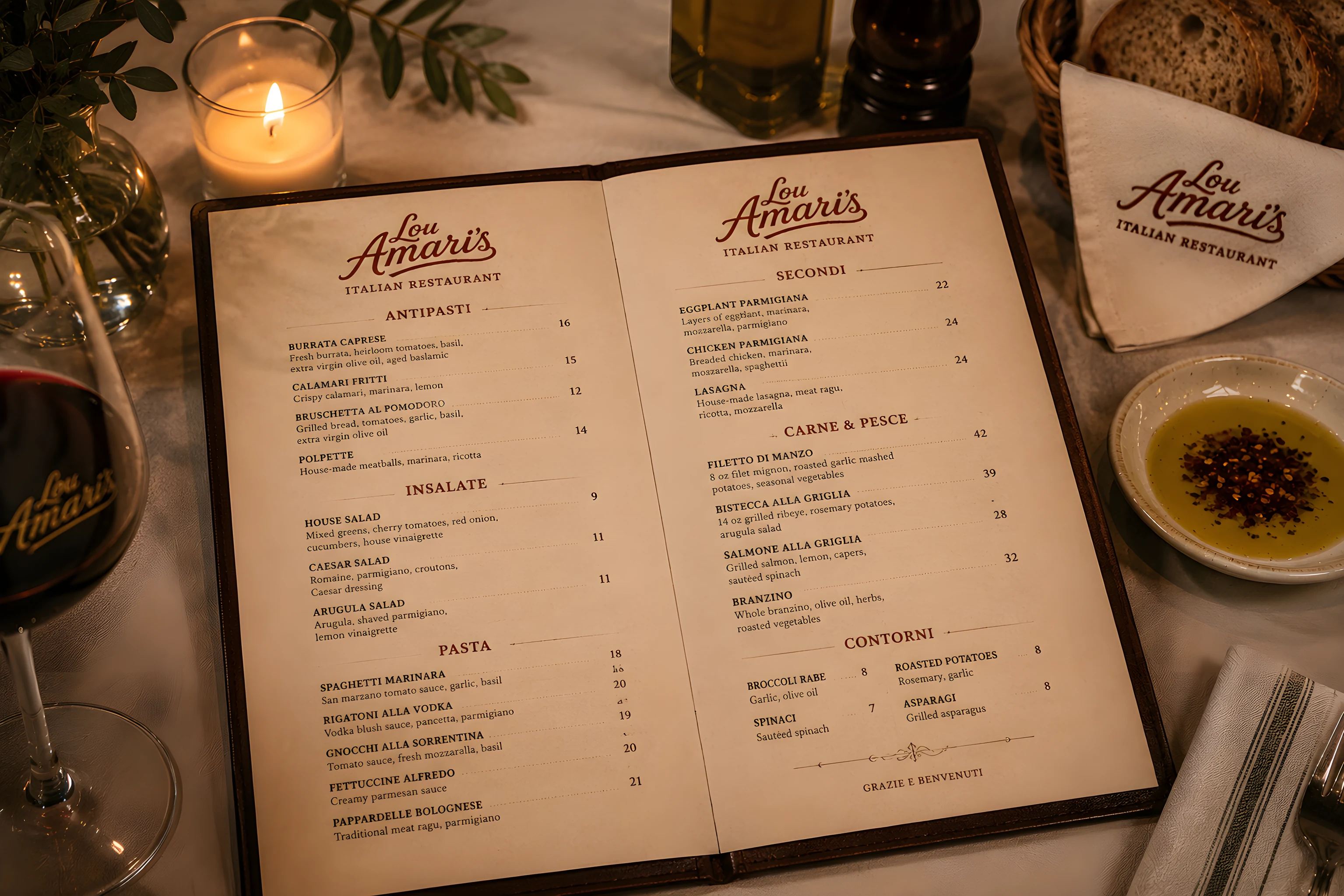 An open Lou Amari’s dinner menu on a marble table with a glass of red wine, bread and olive oil