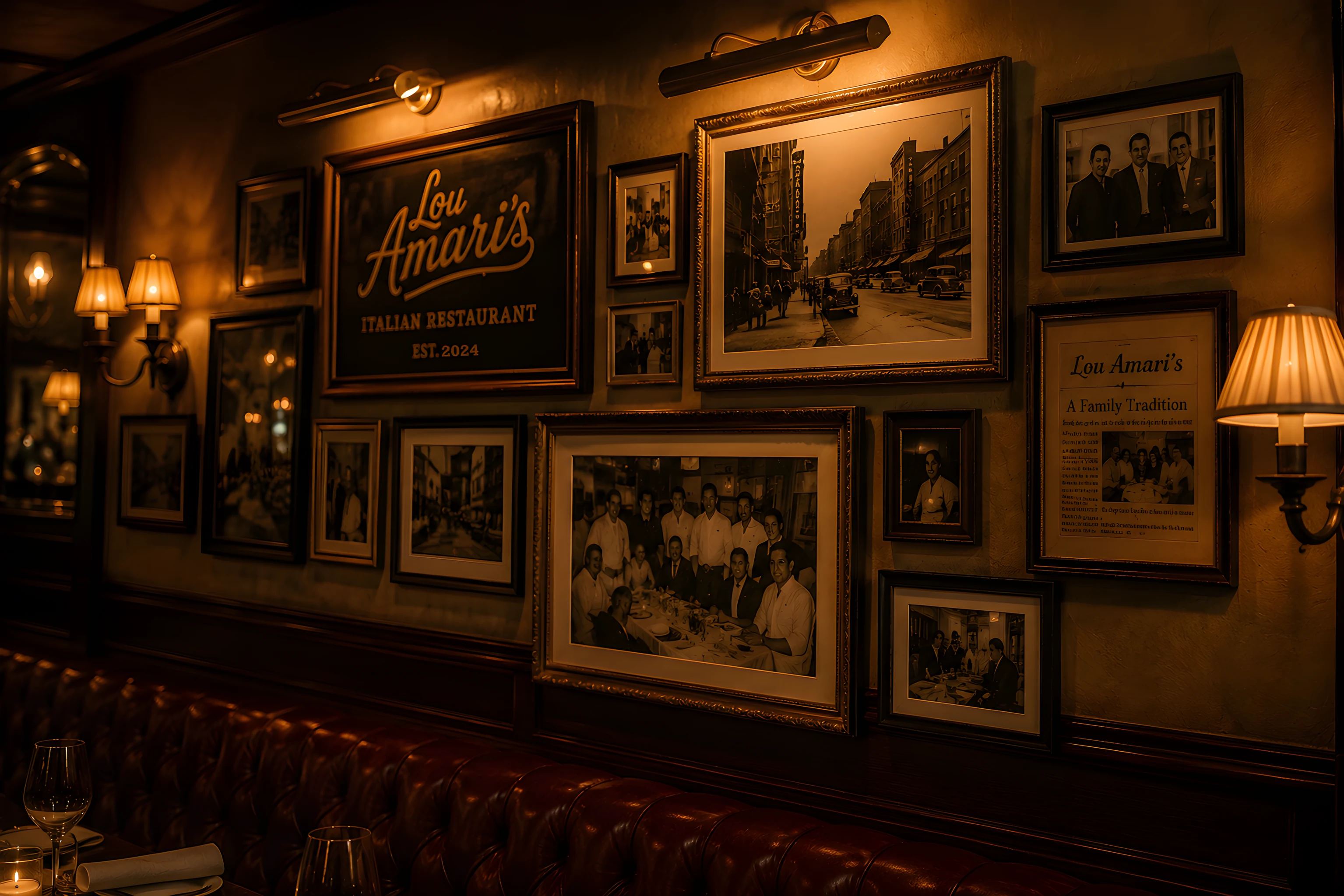 A wall of framed black-and-white family and Chicago photographs beside a Lou Amari’s sign, lit by a brass sconce
