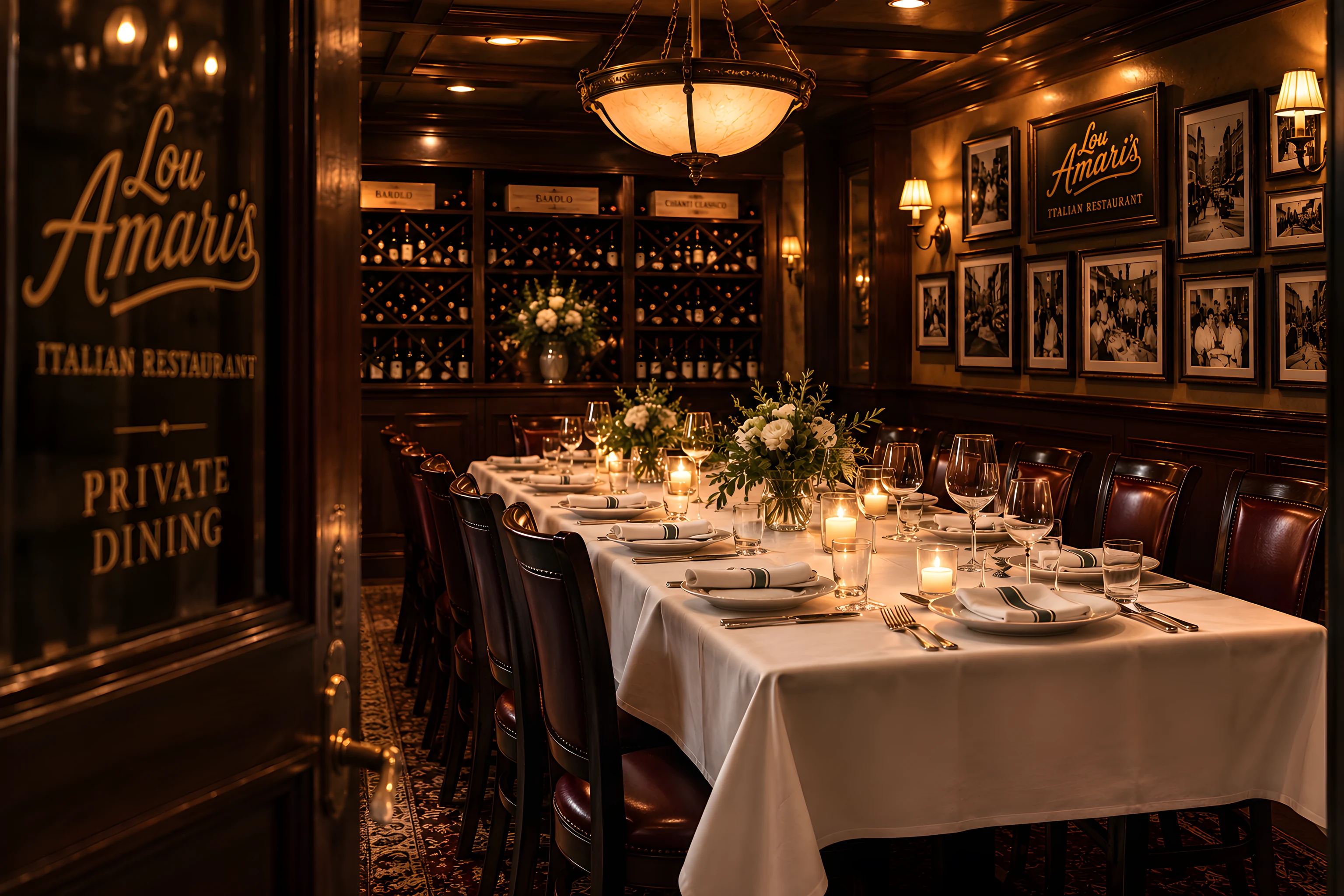 A private dining room at Lou Amari’s: a long table set for a celebration with candles and flowers, wine cabinets and framed photographs along the walls