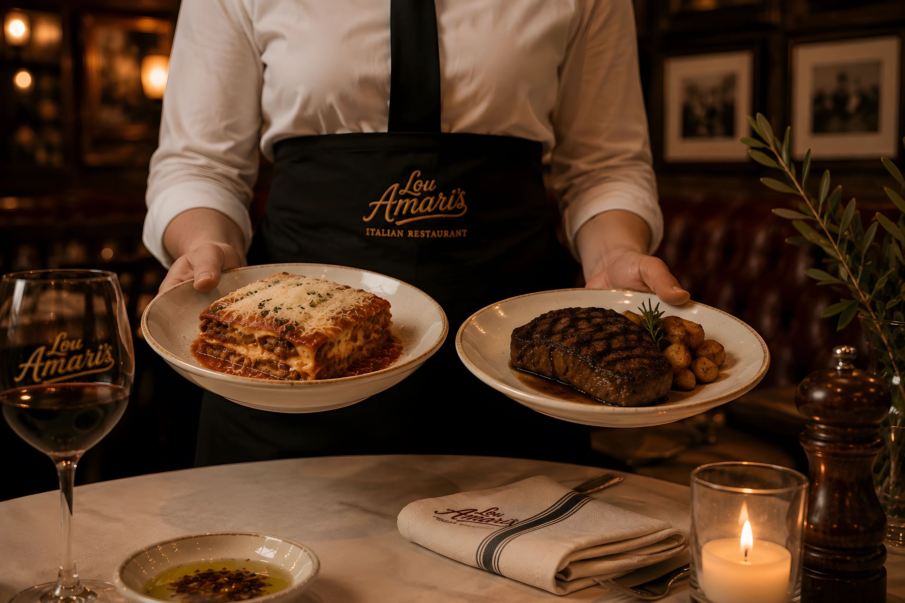 A server presenting plates of lasagna and steak at a booth