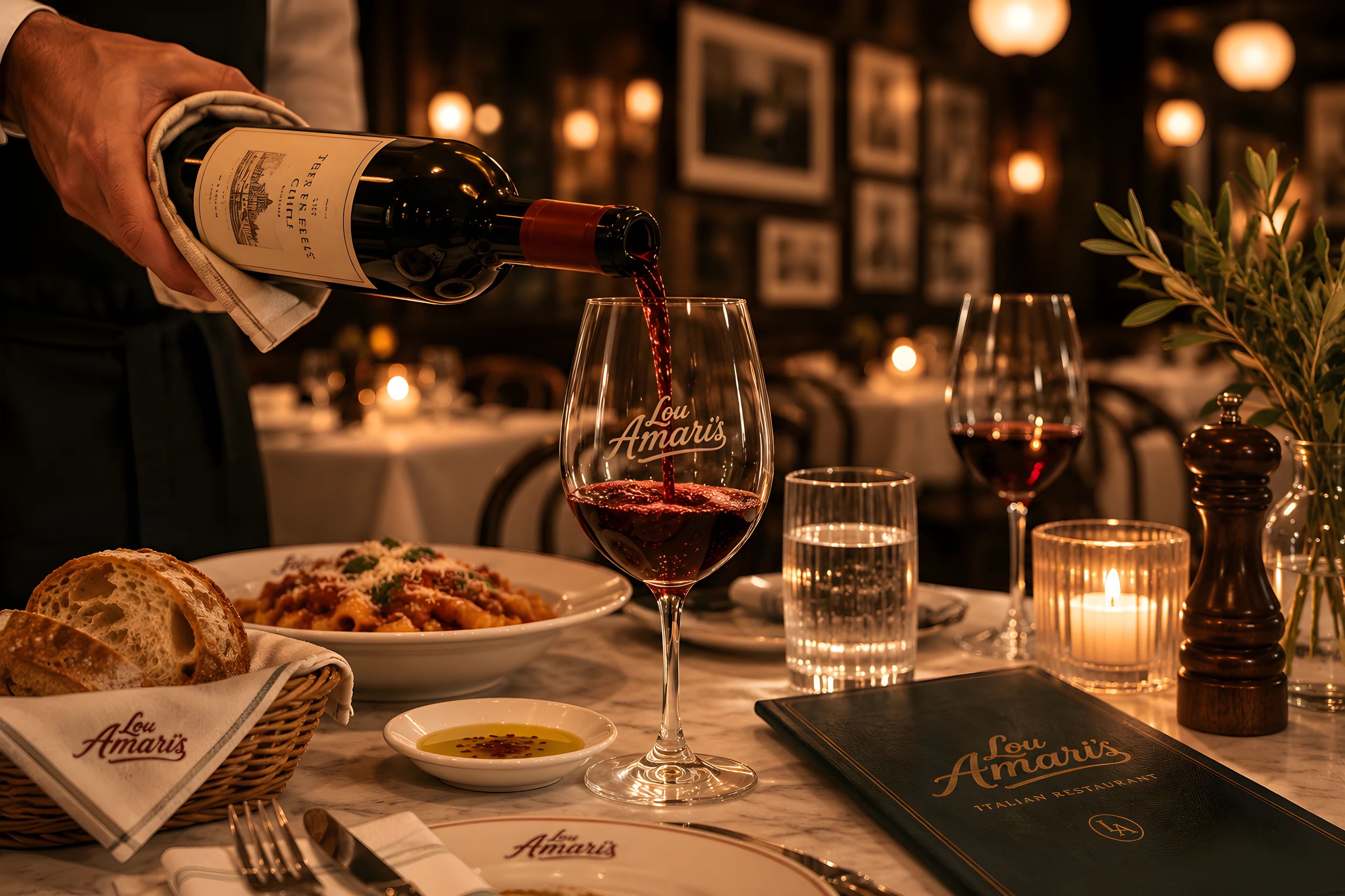 Red wine being poured into a Lou Amari’s glass on a table set with bread, olive oil and a menu
